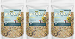 Higgins Protein Egg Food 3-pack bags showing real eggs and grains for healthy growth.