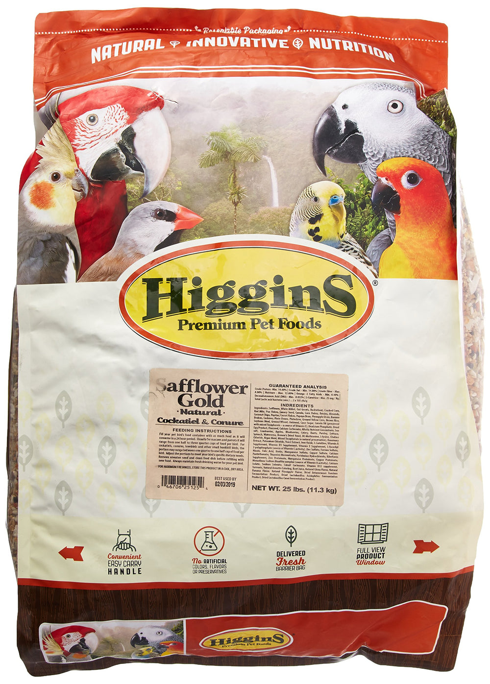 Higgins Safflower Gold 25lb bag—premium fortified seed mix for conures and cockatiels
