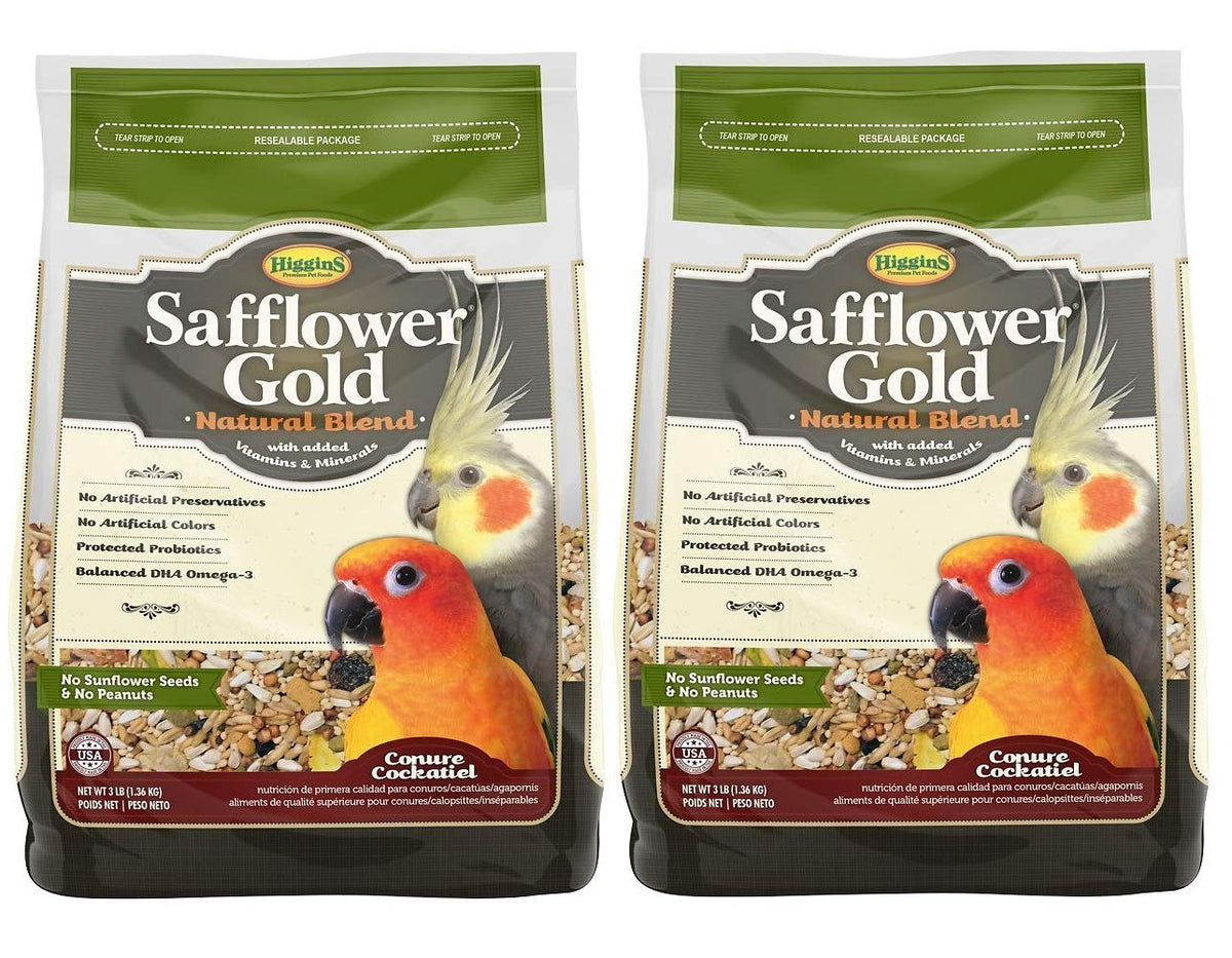 Higgins Safflower Gold bird food packaging highlights premium ingredients for healthy, happy birds.
