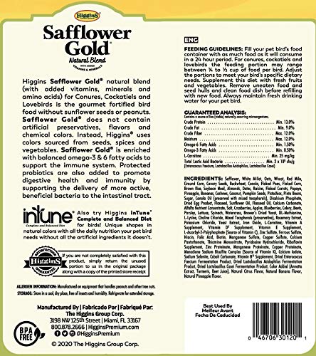 Higgins Safflower Gold seeds closeup shows safflower-rich formula for balanced nutrition and variety.
