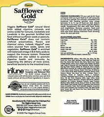 Higgins Safflower Gold seeds closeup shows safflower-rich formula for balanced nutrition and variety.