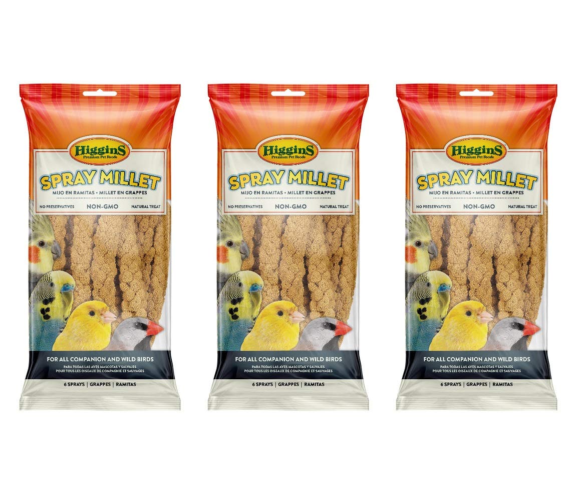 Higgins Spray Millet packaging shows 18-count bag, a natural foraging treat for birds.