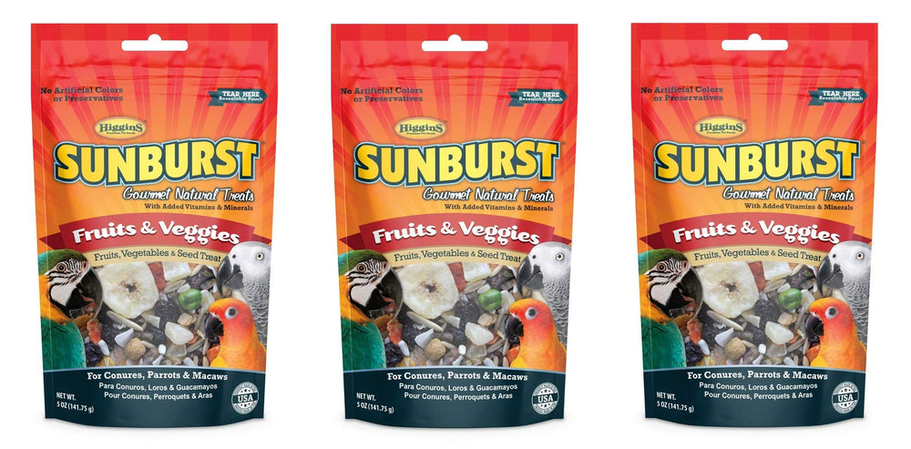 Higgins Sunburst 3-pack bird treats for conures and macaws, enrichment and tasty variety.