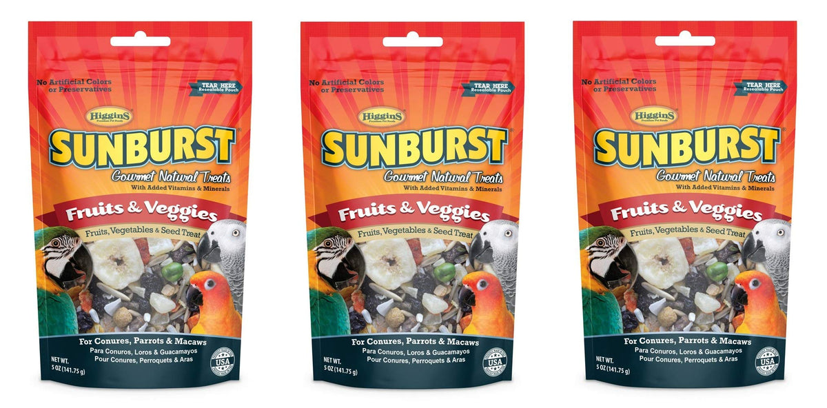 Higgins Sunburst 3-pack bird treats for conures and macaws, enrichment and tasty variety.