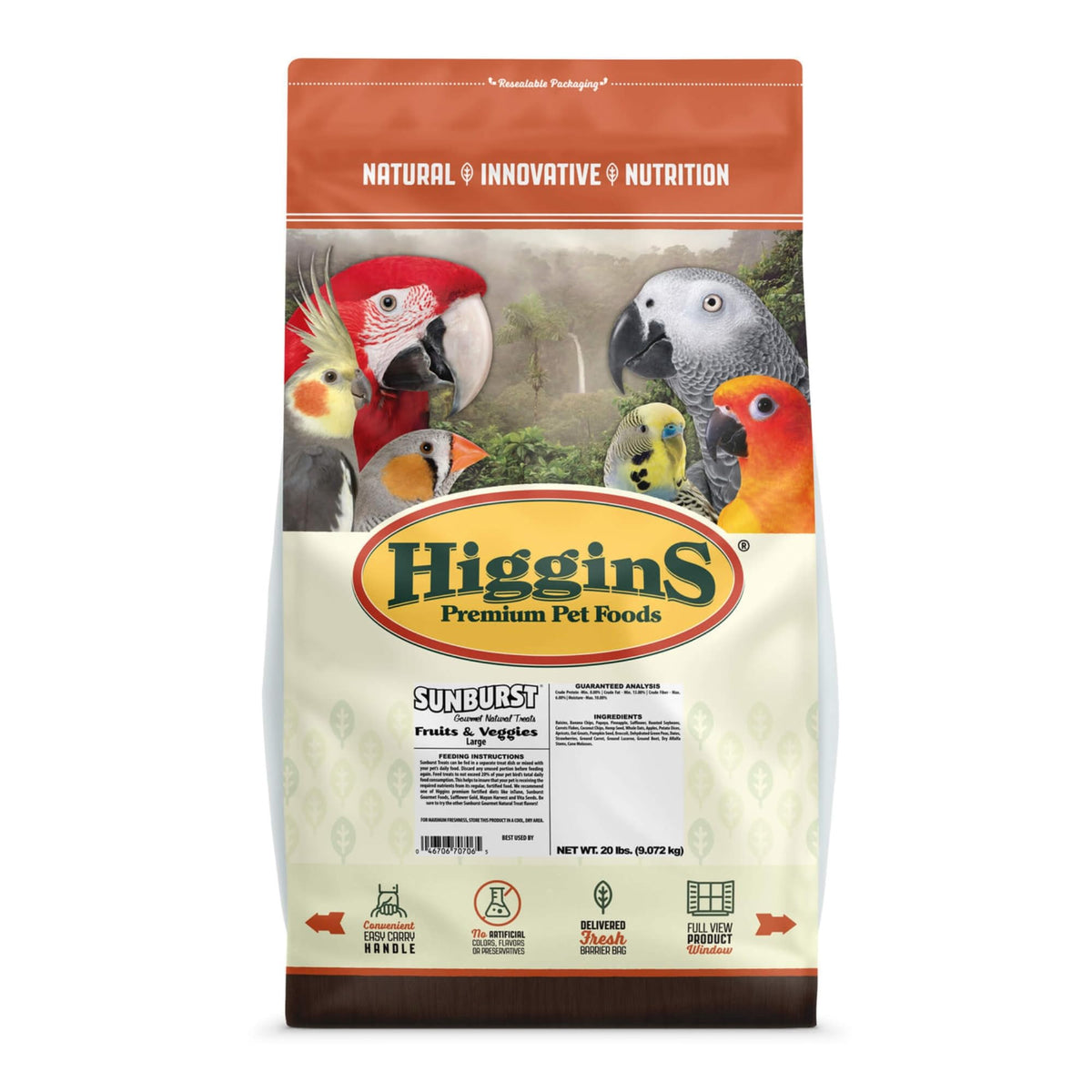 Higgins Sunburst large hookbill bag front label for easy shopping at a glance.