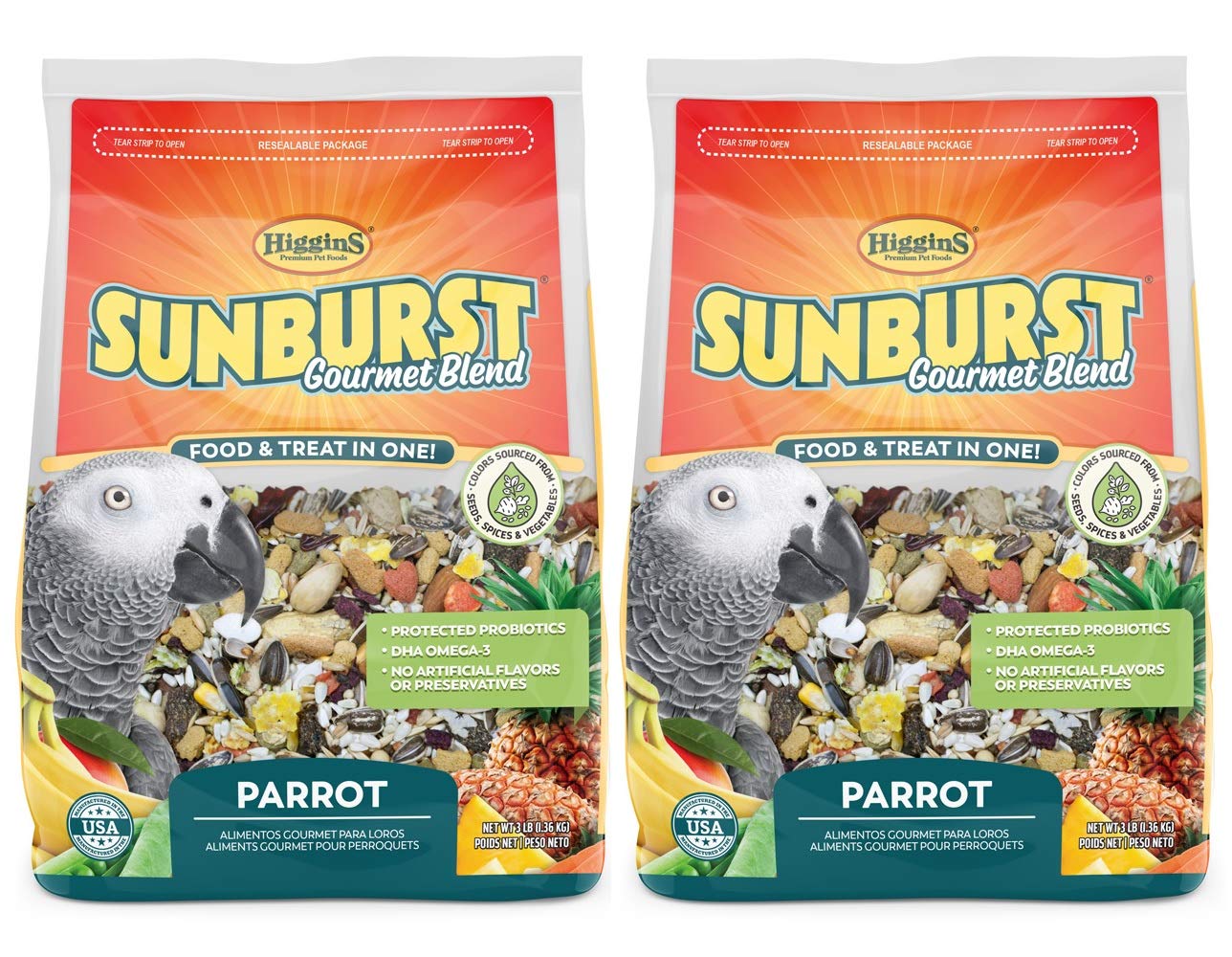 Higgins Sunburst Gourmet Blend Parrot Food pack-2 bags supports balanced nutrition for parrots.