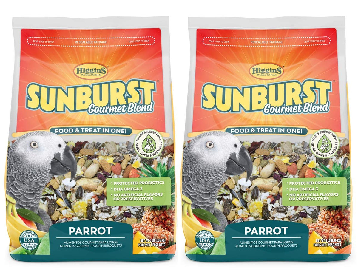 Higgins Sunburst Gourmet Blend Parrot Food pack-2 bags supports balanced nutrition for parrots.