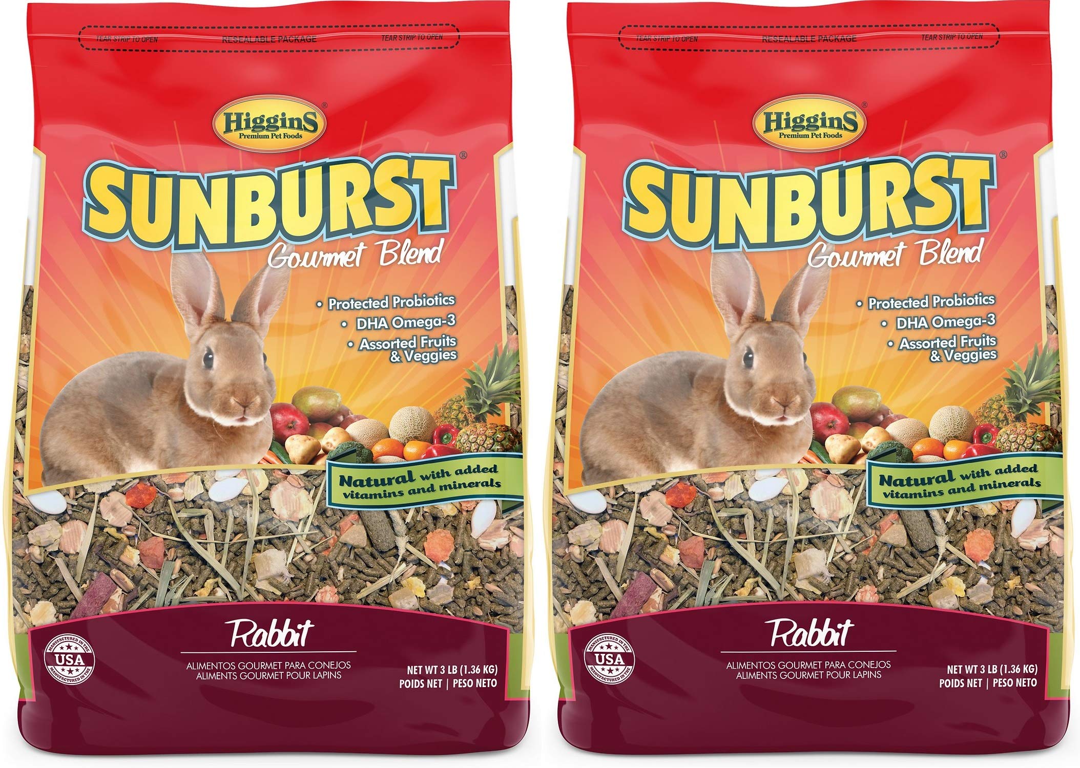 Higgins Sunburst Gourmet Rabbit Food 3 lb bag front view for premium nutrition.