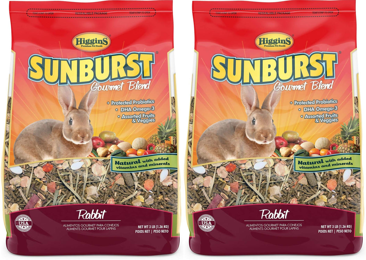 Higgins Sunburst Gourmet Rabbit Food 3 lb bag front view for premium nutrition.
