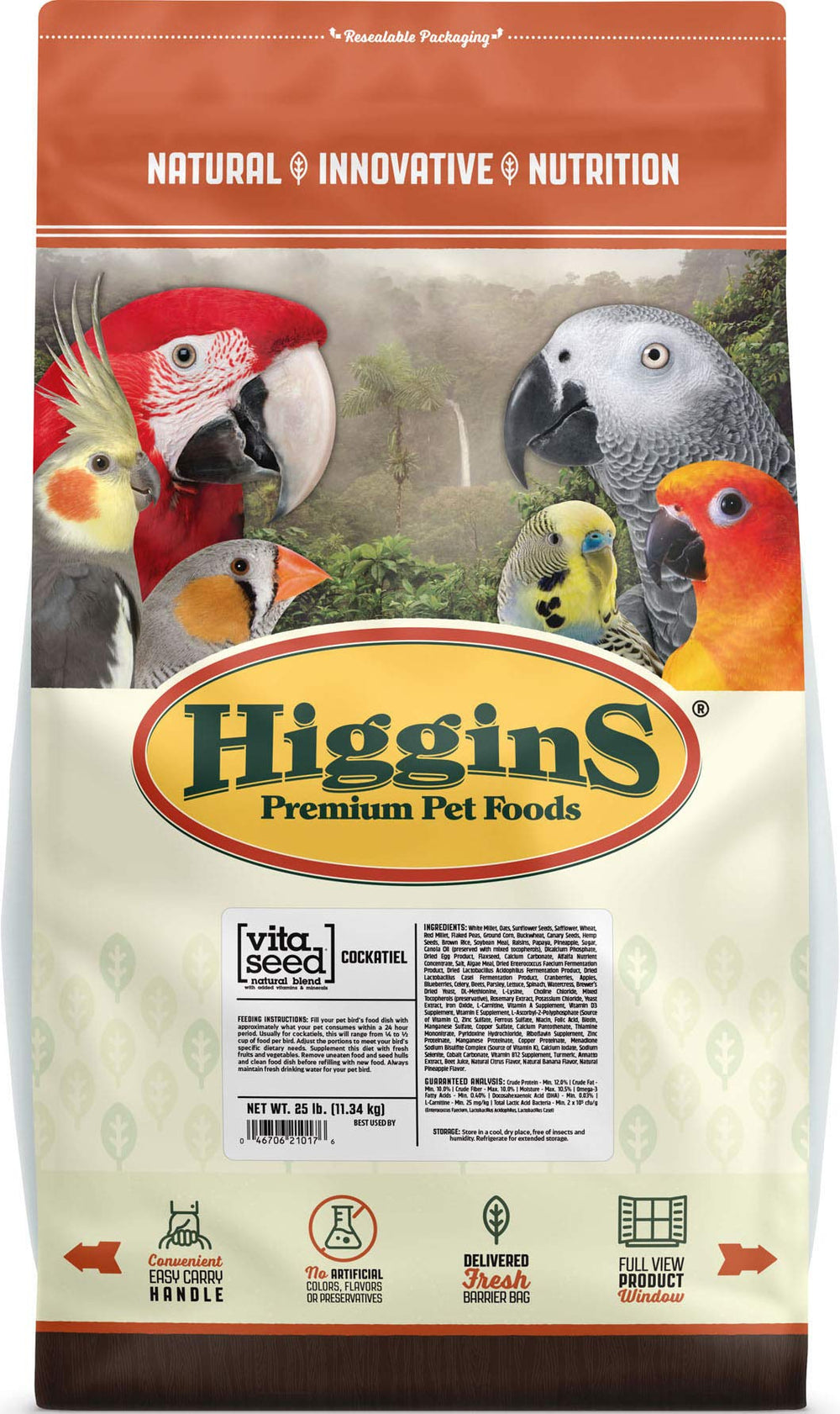 Higgins Vita Seed Cockatiel 25lb bag with nutrient-rich seed blend for picky eaters
