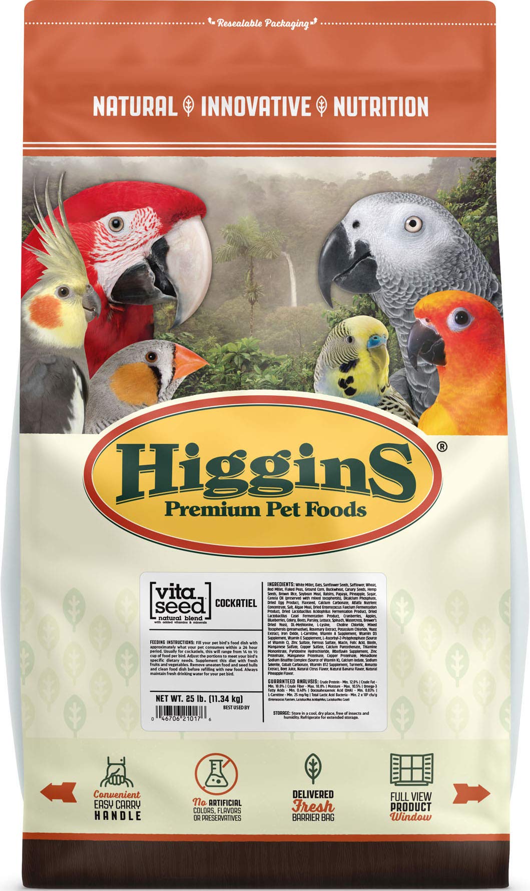 Higgins Vita Seed Cockatiel 25lb bag with nutrient-rich seed blend for picky eaters