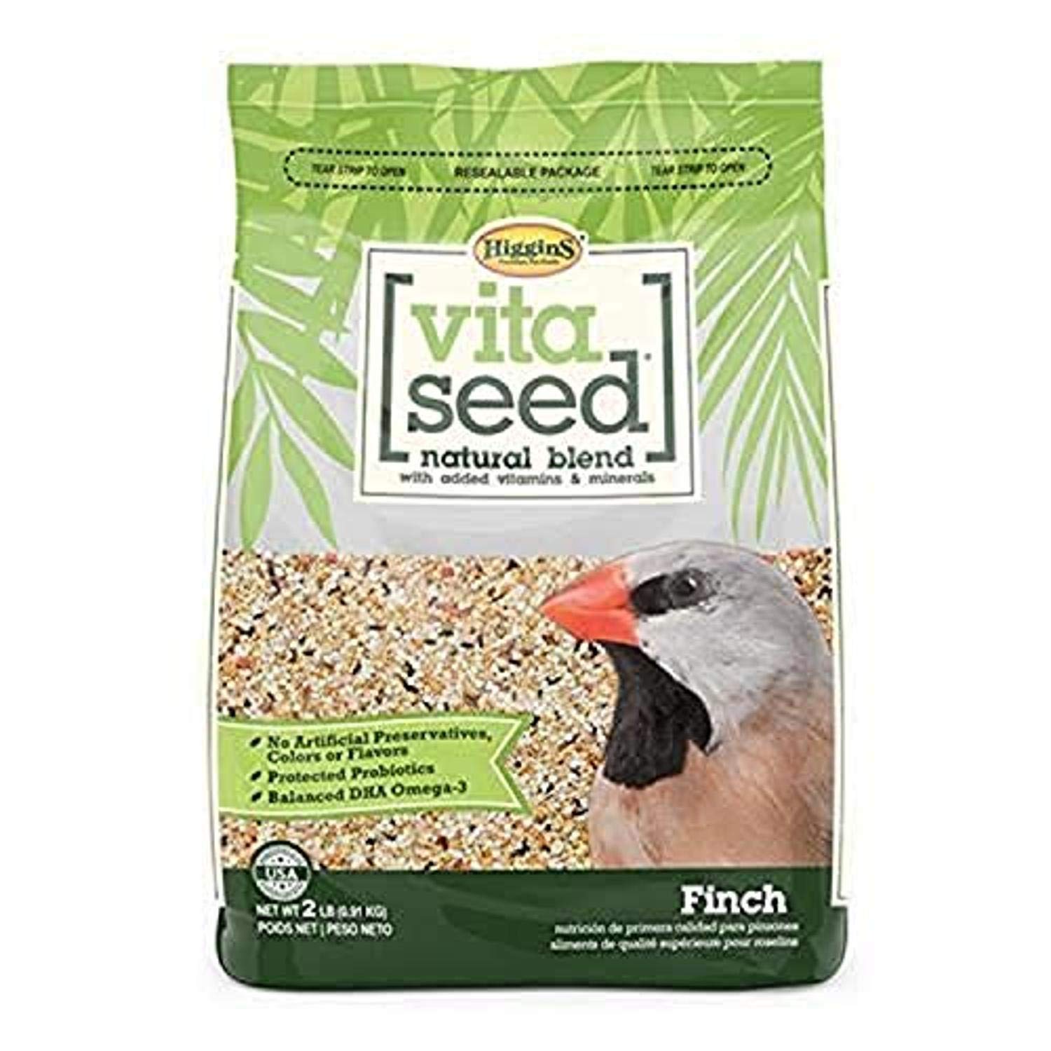 Higgins Vita Seed Finch 2Lb pack showing nutrient-rich extruded morsels for finches