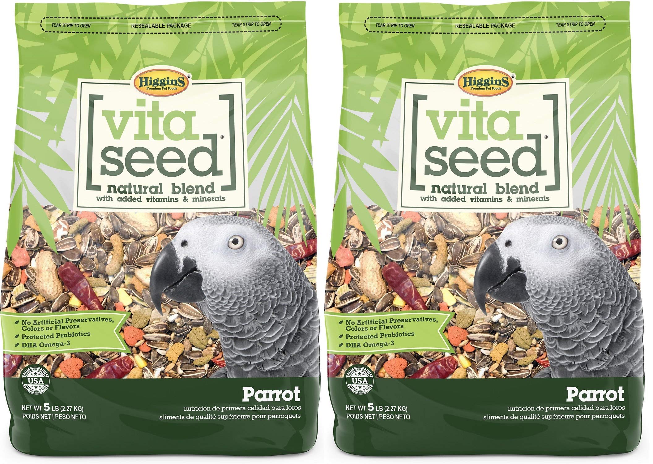 Higgins Vita Seed Natural Blend Parrot Food packaging helps keep seeds fresh and convenient.