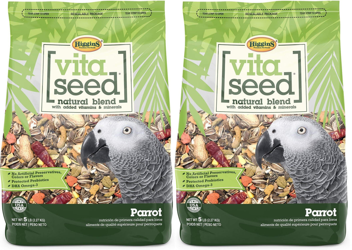 Higgins Vita Seed Natural Blend Parrot Food packaging helps keep seeds fresh and convenient.