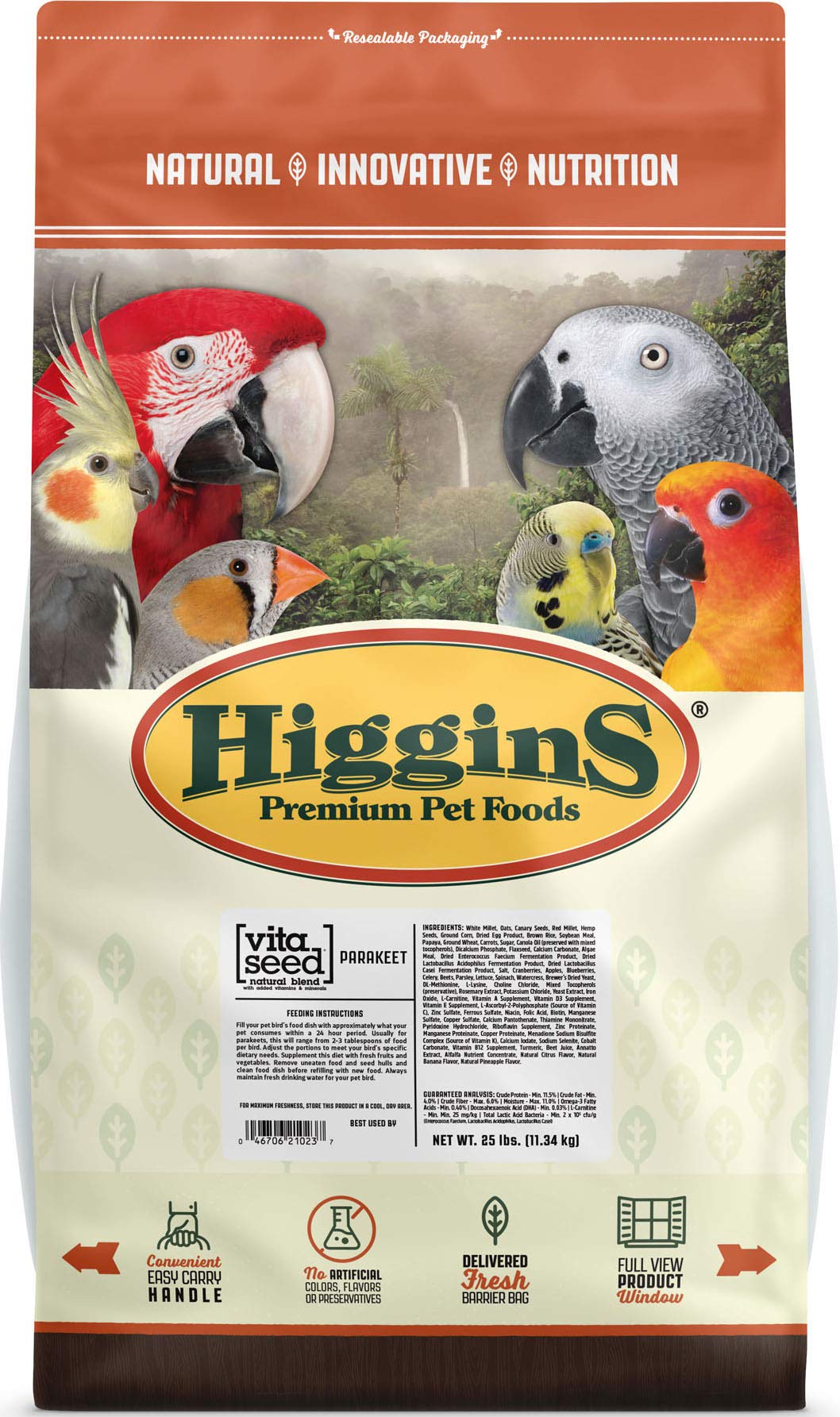 Higgins Vita Seed Parakeet Food 25lb bag supports varied diet and bird enjoyment.