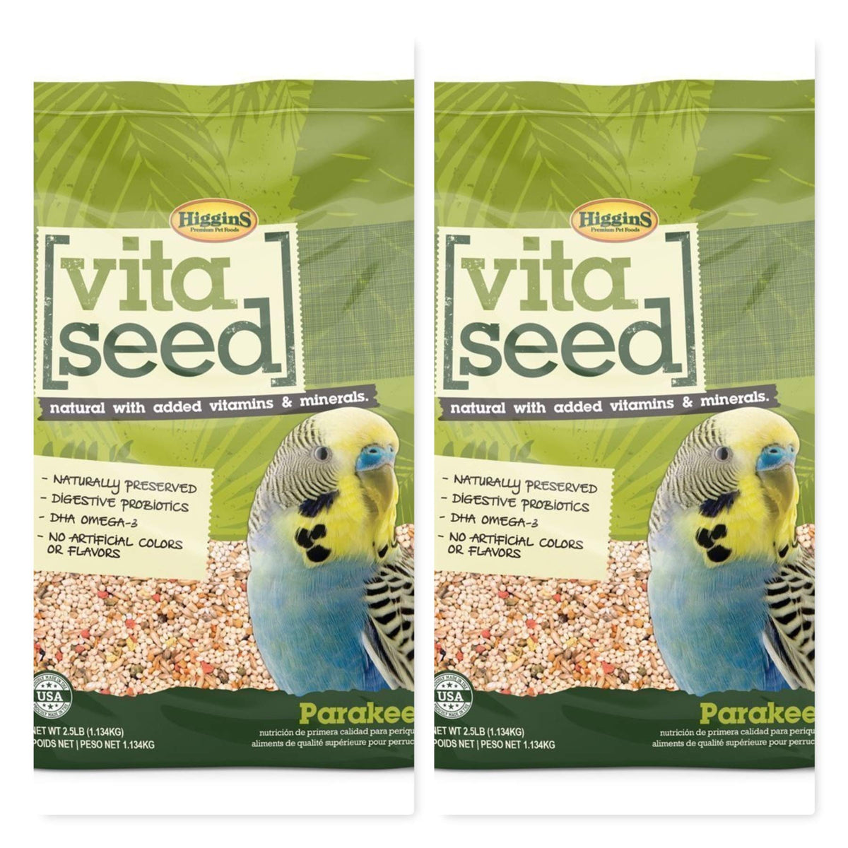 Higgins Vita Seed Parakeet Food 2-bag bundle showing packaged parakeet diet with probiotics and omega-3.