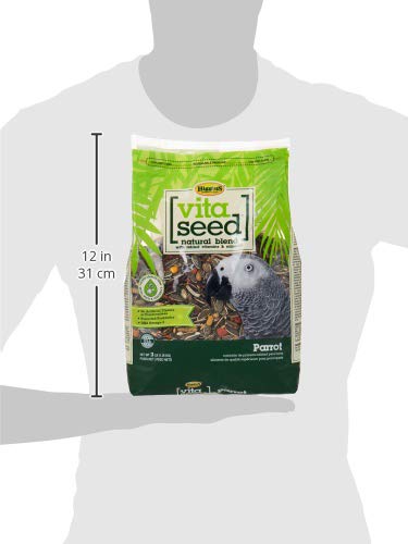 Higgins Vita Seed Parrot 3 Lbs closeup bag highlights DHA and Omega-3 for birds.