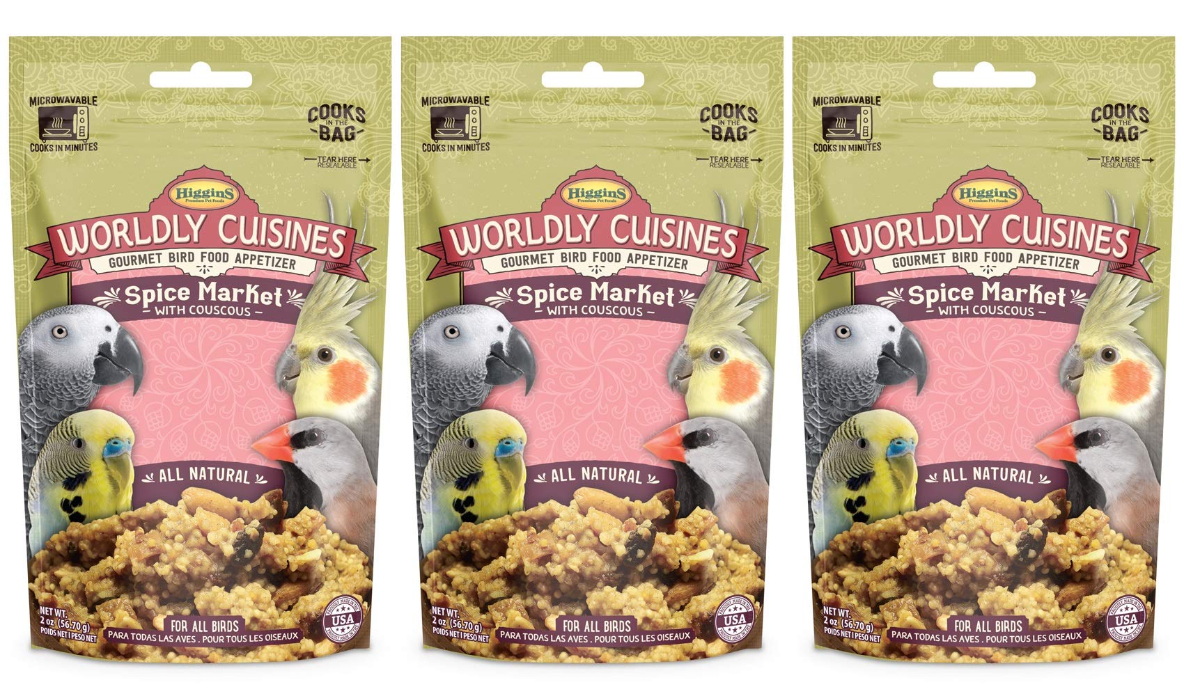Higgins Worldly Cuisines Spice Market Bird Treat 3 Pack – attractive front view for enticing feeding.