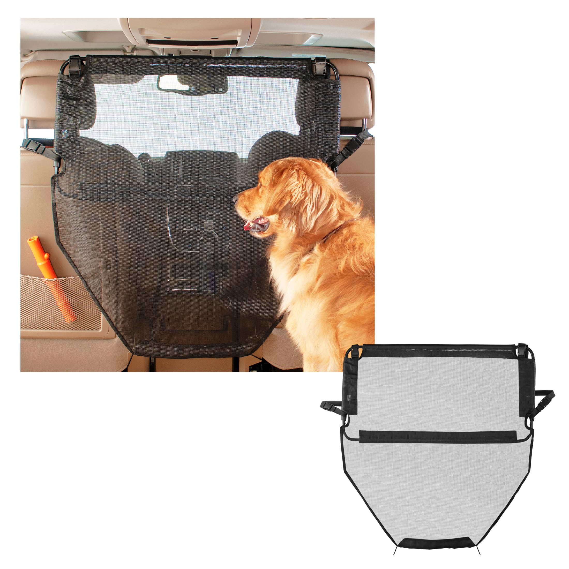 High Road back seat barrier front view shows unobstructed road view for calming dogs.