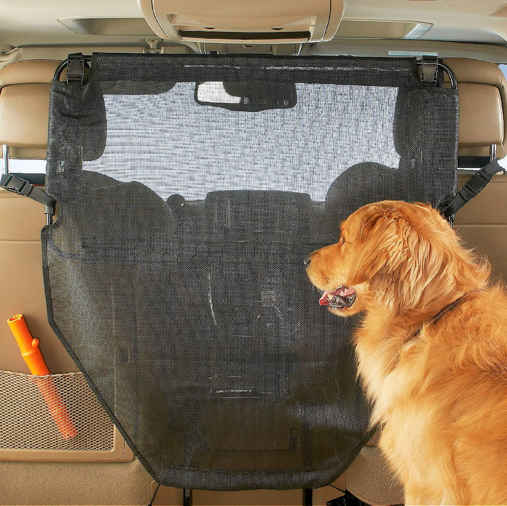 High Road back seat barrier top-frame close-up highlights rigid steel frame for stability.