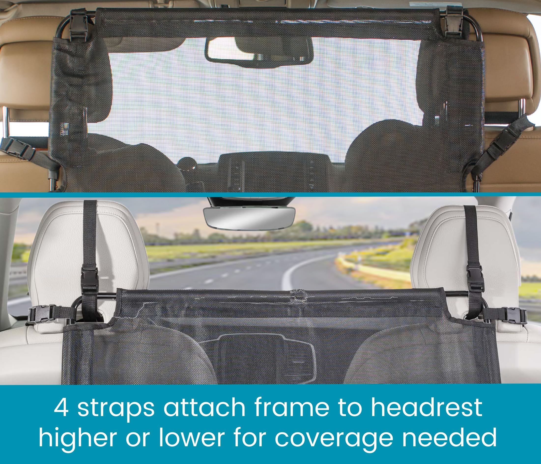 High Road back seat barrier narrow profile fits most vehicles without door interference.