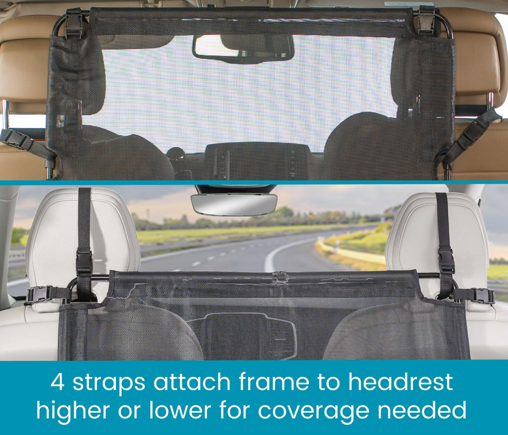 High Road back seat barrier narrow profile fits most vehicles without door interference.