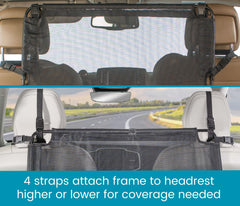 High Road back seat barrier narrow profile fits most vehicles without door interference.