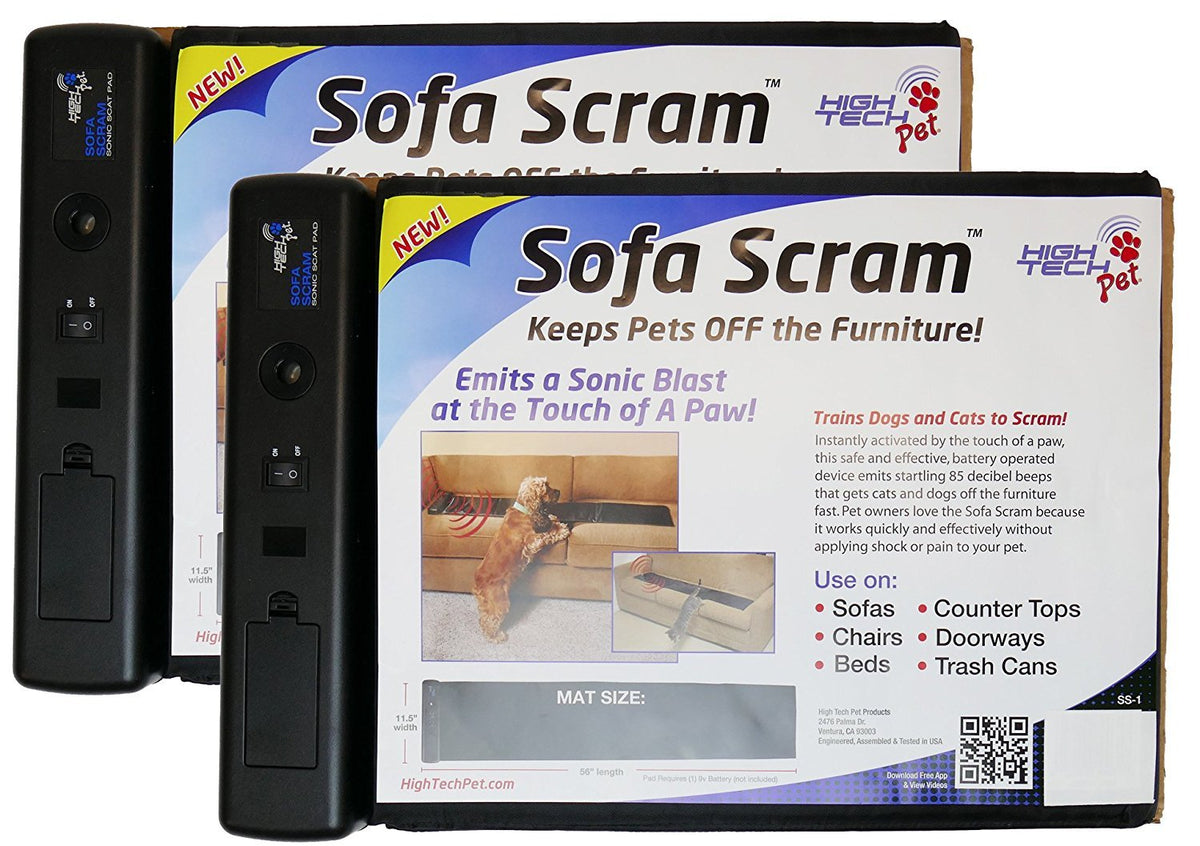 High Tech Pet Sofa Scram Deterrent emits a quick 85dB cue to deter pets from furniture.