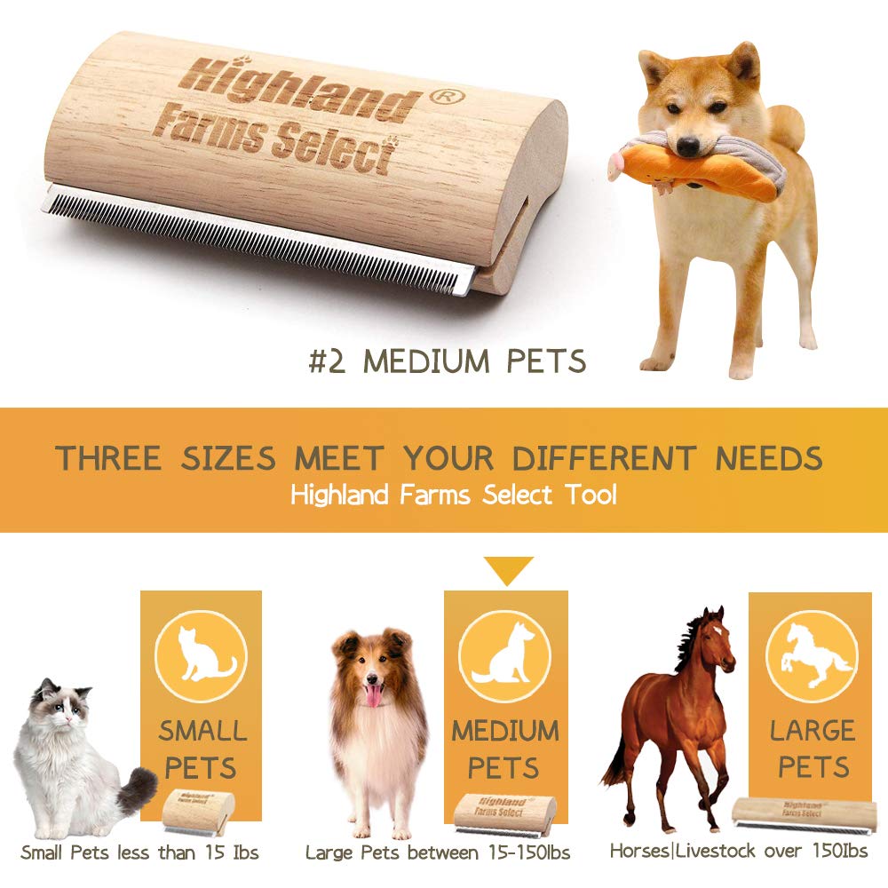 Highland Farms Select five inch stainless brush showing efficient fur removal for dogs cats and horses