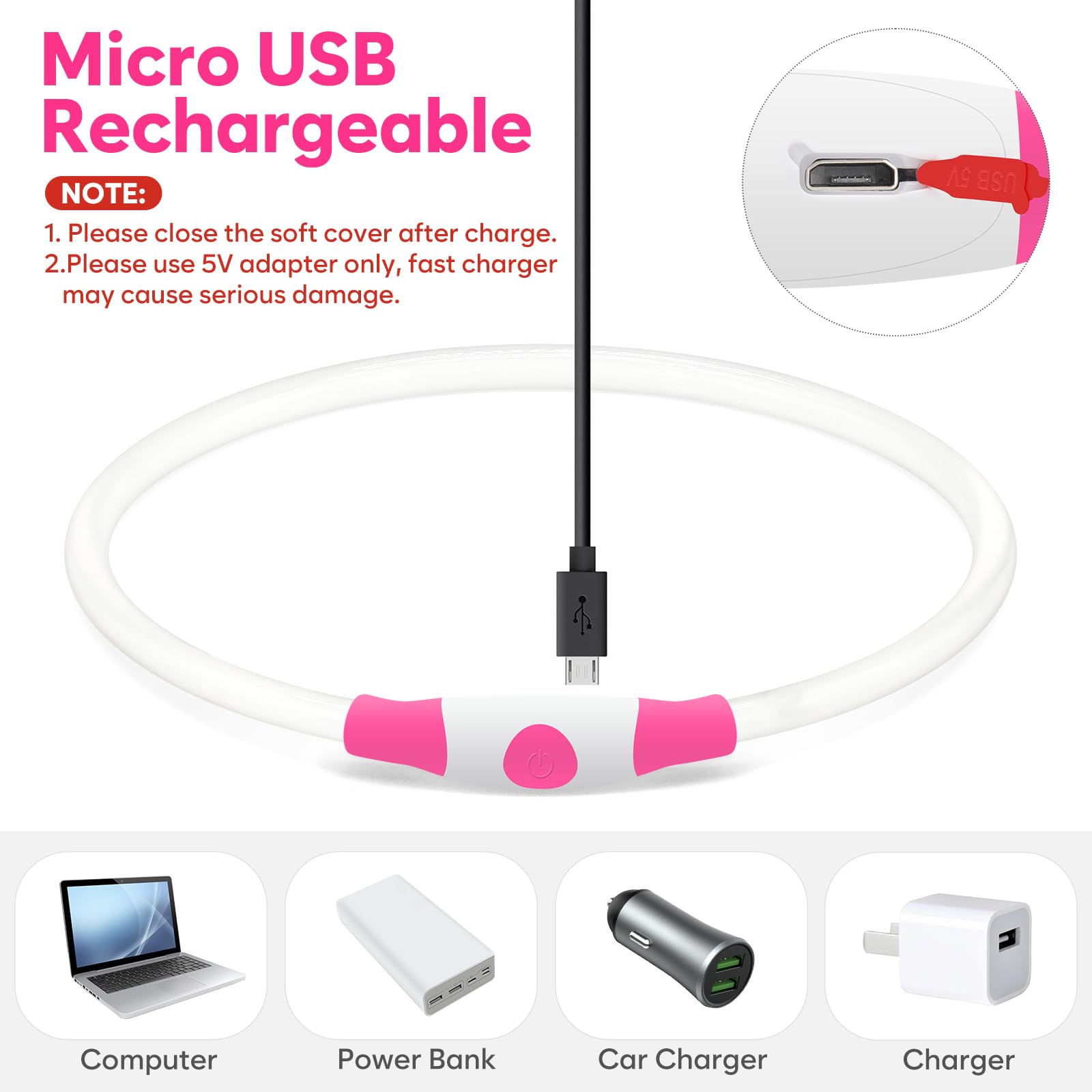 Higo LED collar USB rechargeable feature for quick, convenient recharging.