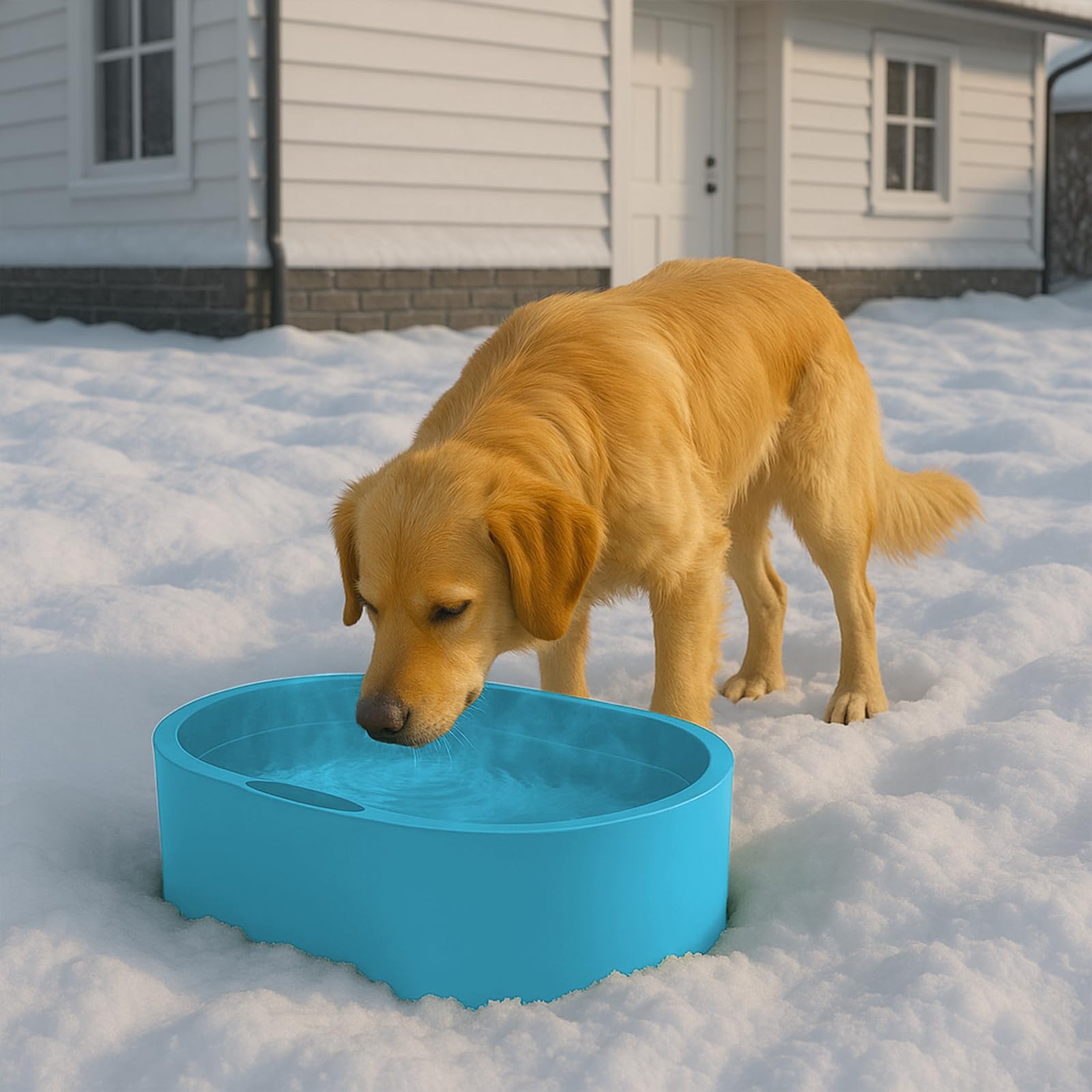Higoro teal blue bowl in outdoor setting blends with winter decor