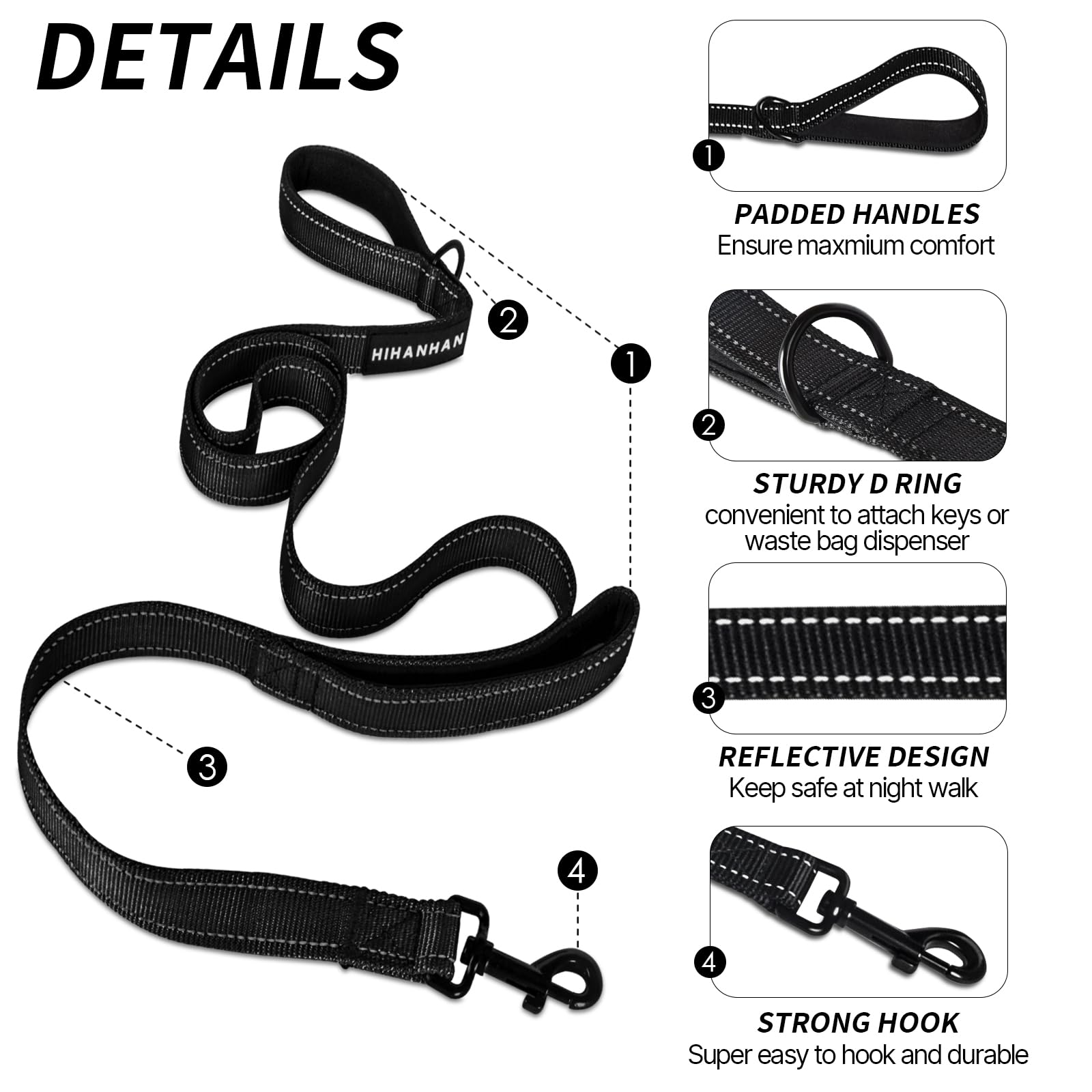 HIHANHAN reflective dog leash traffic-handle provides quick close control in busy areas.