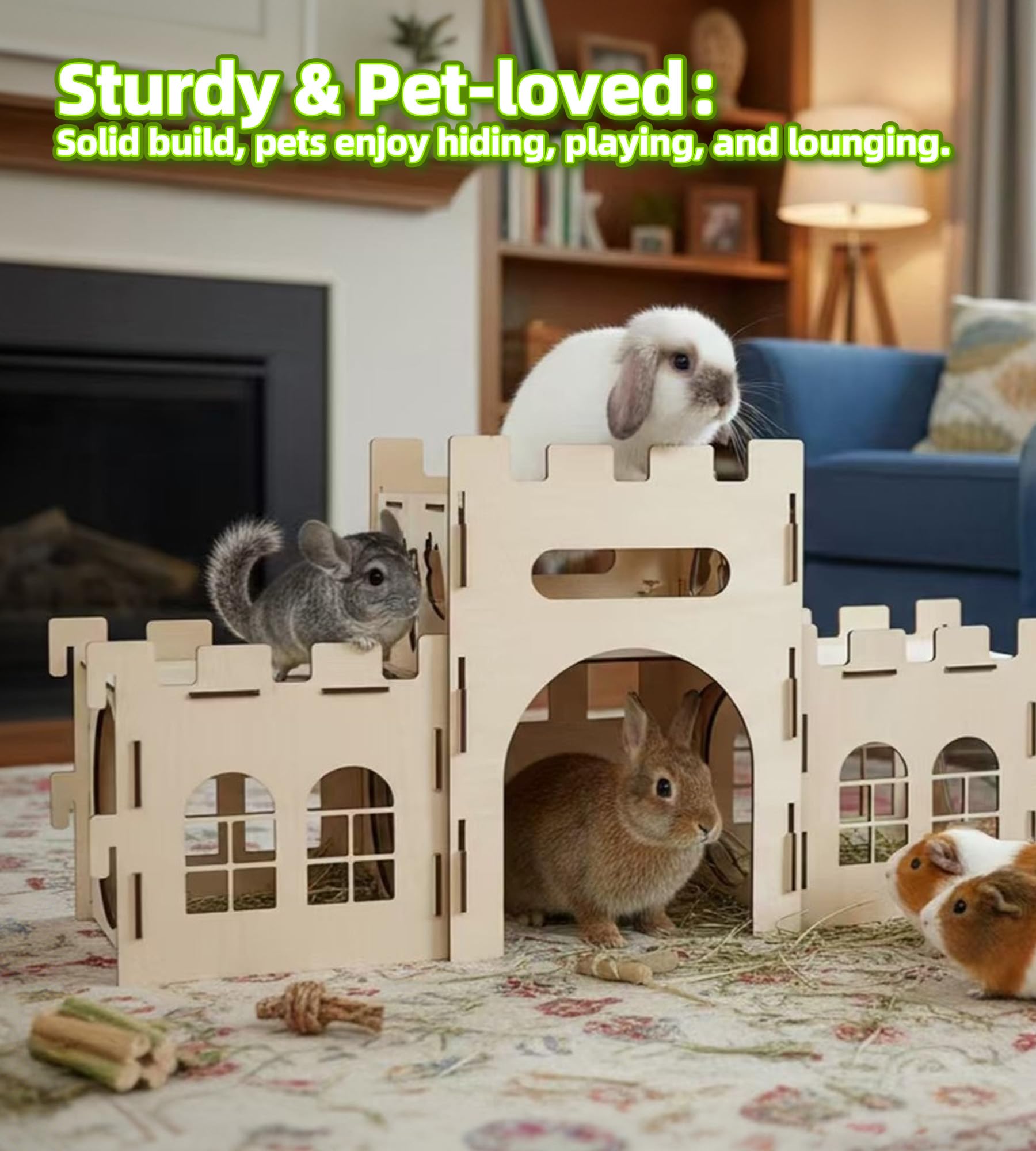 HIIMALEX split balcony rabbit tower shows versatile multi-level exploration for curious pets.