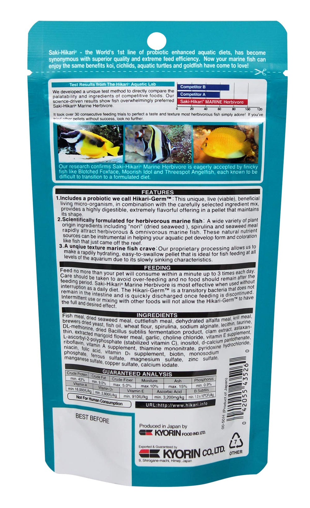 Hikari pellets bottle with label shows sinking formula for herbivores.