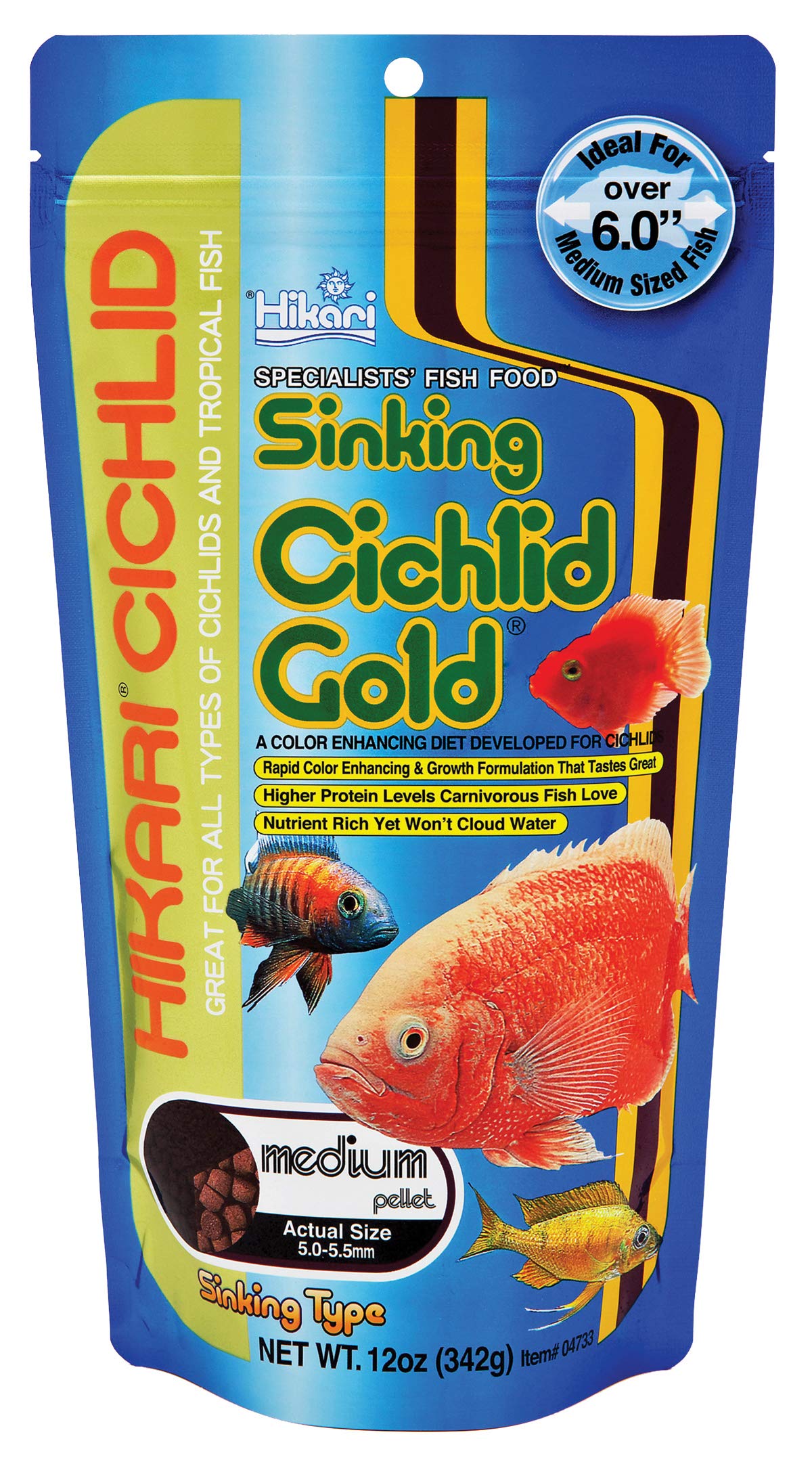 Hikari 12oz packaging for sinking cichlid gold pellets with clear labeling