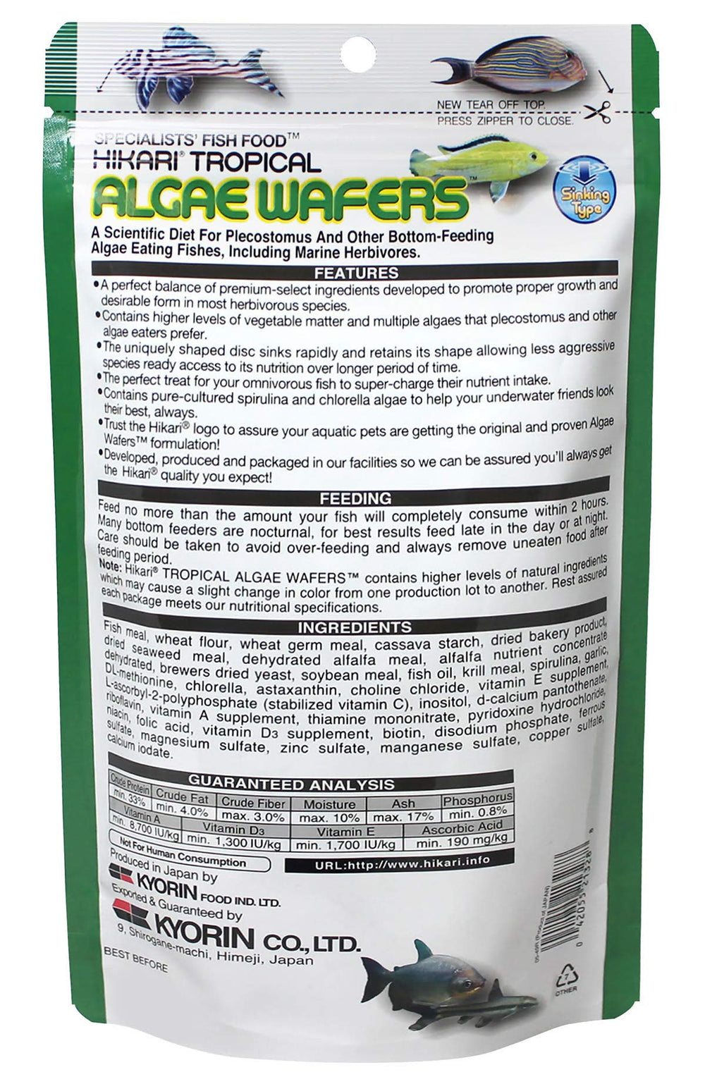 Hikari algae wafers spirulina-rich, highlighting nutrient-dense ingredients for algae-eating pets.