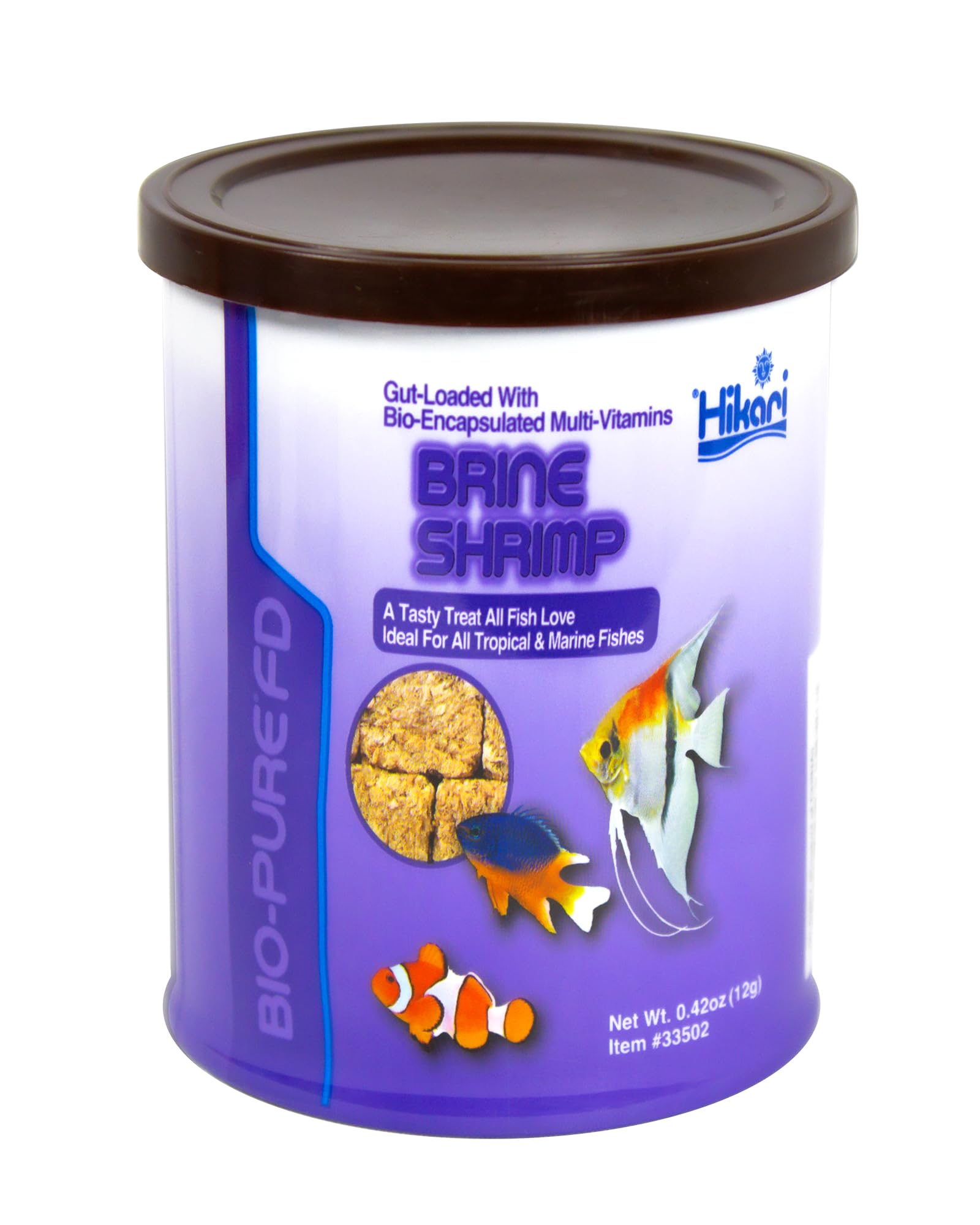 Hikari Bio-Pure brine shrimp with dispenser top for easy, mess-free feeding.