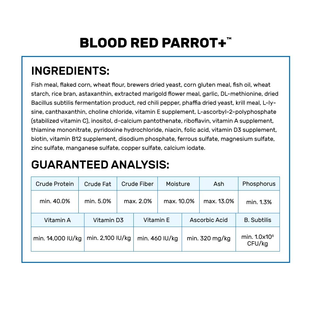 Hikari Blood Red Parrot+ color-rich pellets reveal vibrant hue and nutrition.
