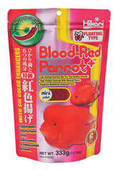 Hikari Blood Red Parrot+ packaging highlights color-enhancing fish food for parrots.