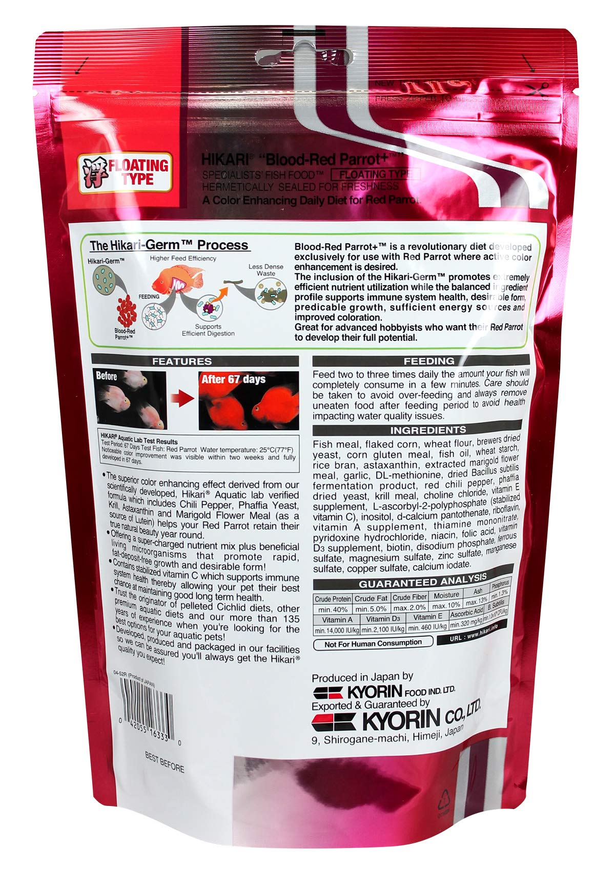 Hikari Blood Red Parrot+ pellets being poured, easy feeding for active fish.