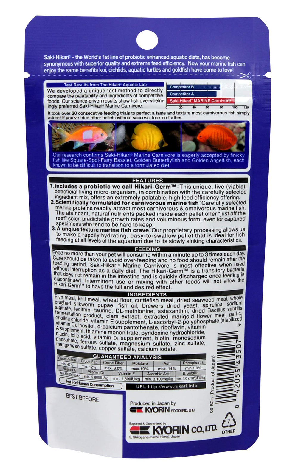 Hikari Carnivore Pellets dish-serving — easy feeding during daily tank maintenance