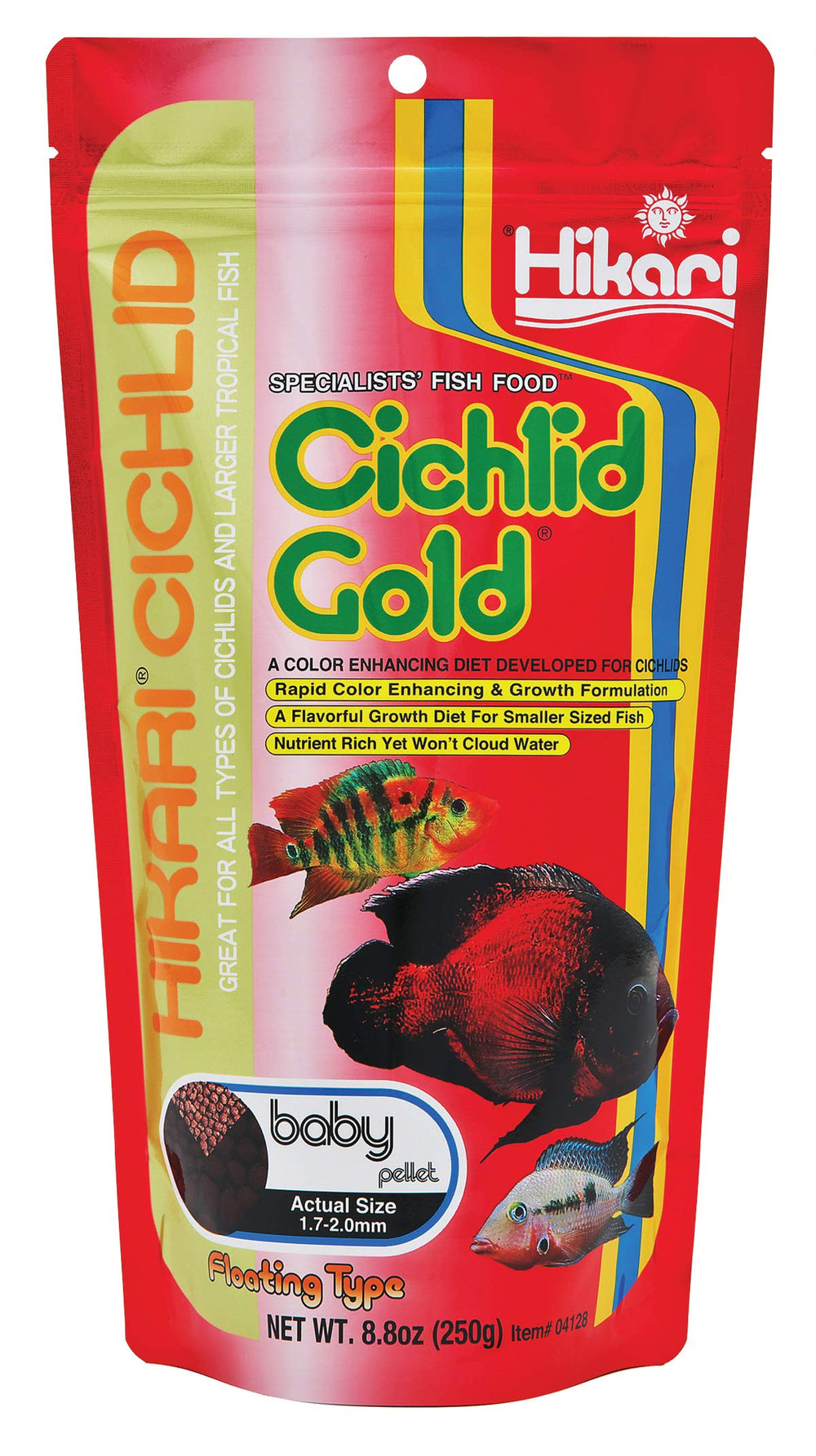 Hikari Cichlid Gold pellets pack highlights color-boosting nutrition