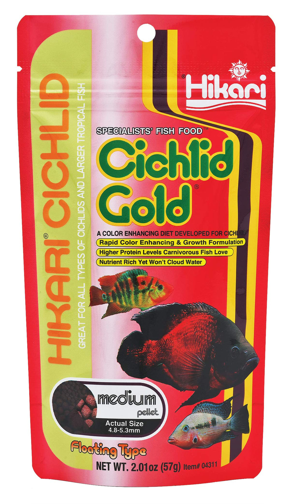 Hikari Cichlid Gold floating pellets bottle for easy feeding and portion control.
