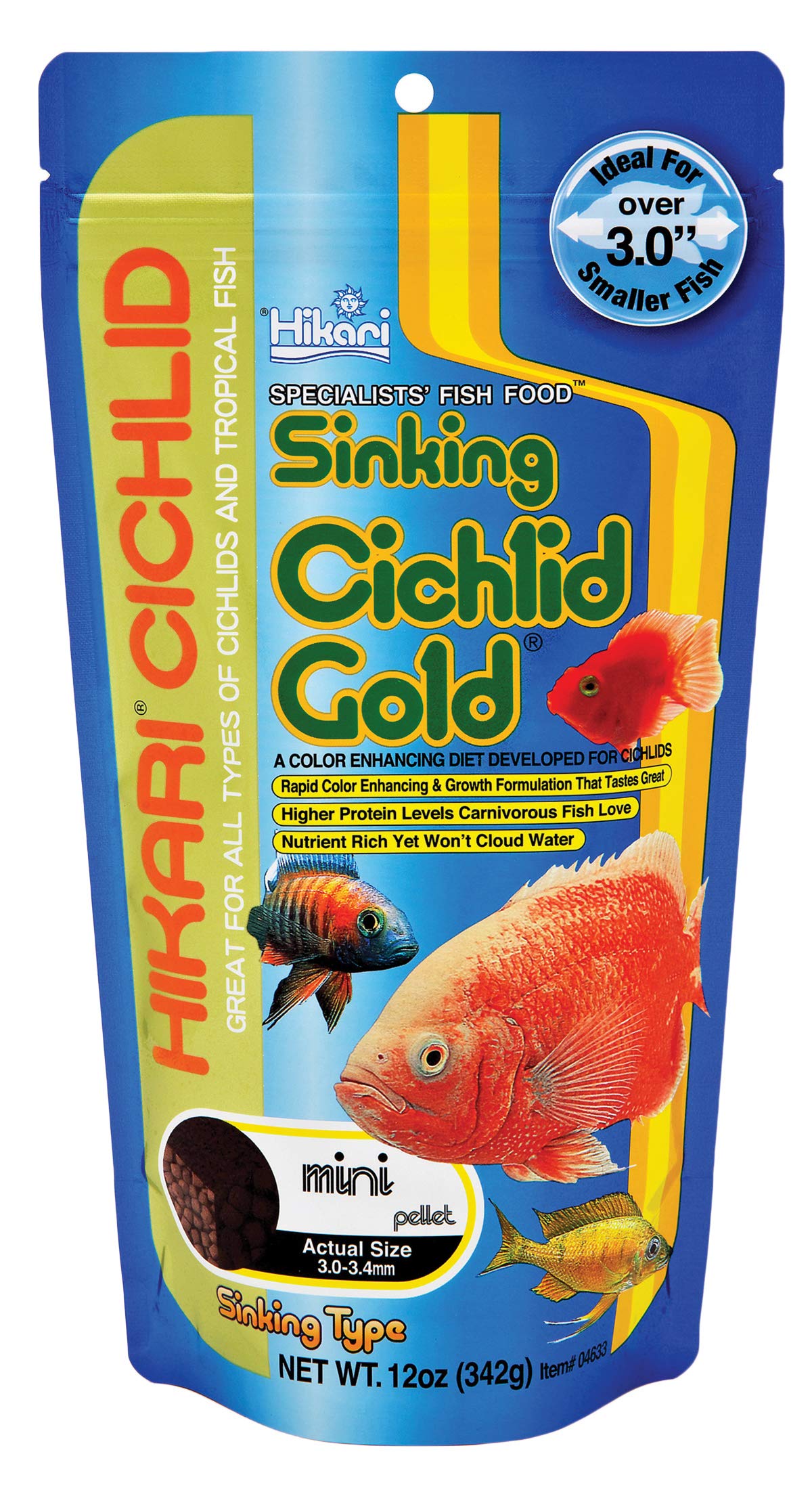 Hikari cichlid gold pellets mini close-up reveals color-enhancing formula for vibrant fish.