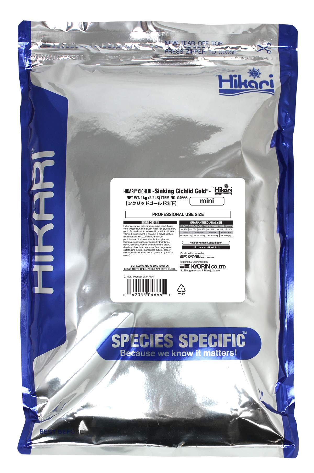Hikari cichlid gold pellets pack with color-enhancing formula for vibrant fins.