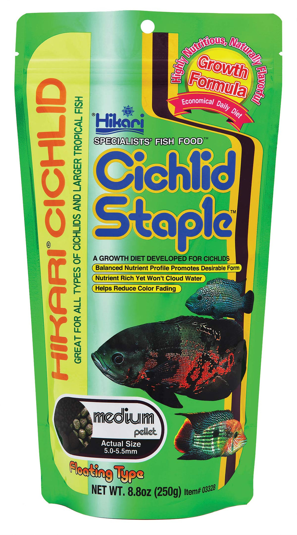 Hikari Cichlid Staple Floating Pellets bottle shows easy-dispense packaging for monitored feeding.