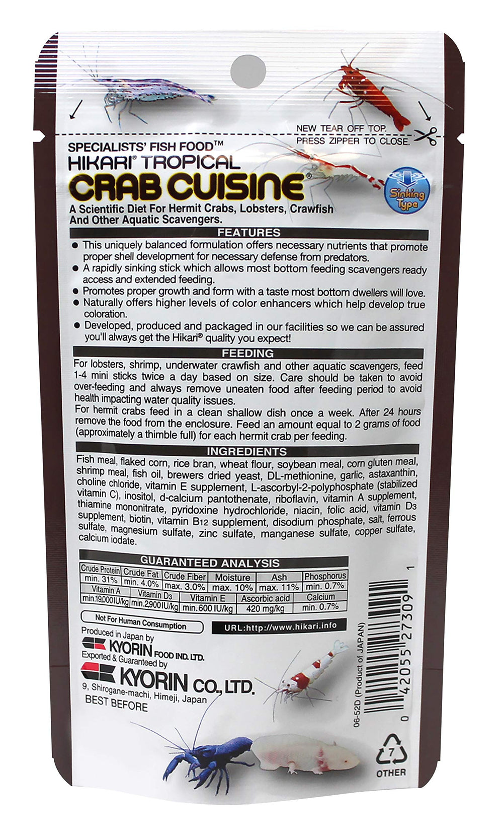 Hikari Crab Cuisine calcium-pellets highlight shell-supporting nutrition for crustaceans.