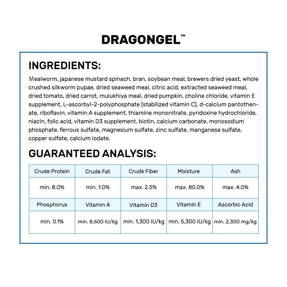 Hikari Dragon Gel 2.11 oz ingredients graphic highlights nutrient-rich formula for reptiles