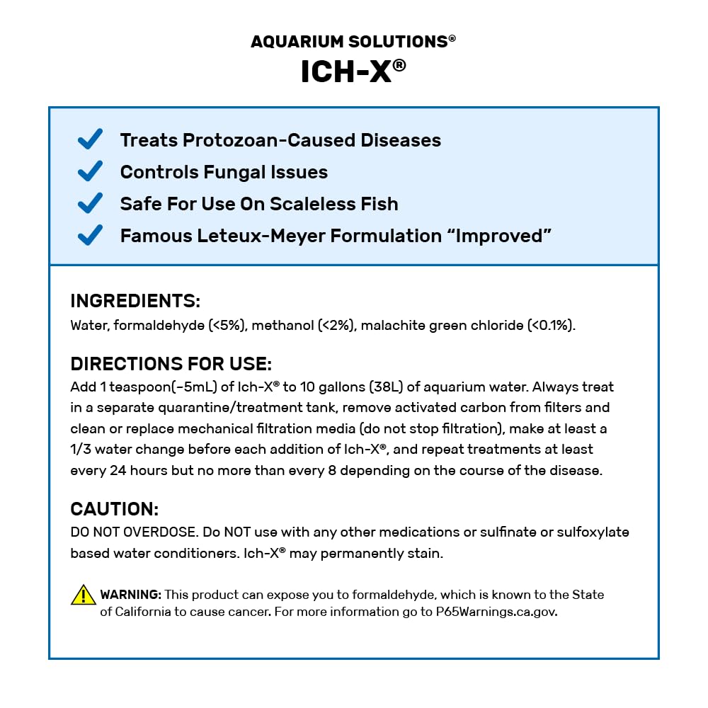 Hikari Ich-X bottle back label reveals formulation details for ich care.