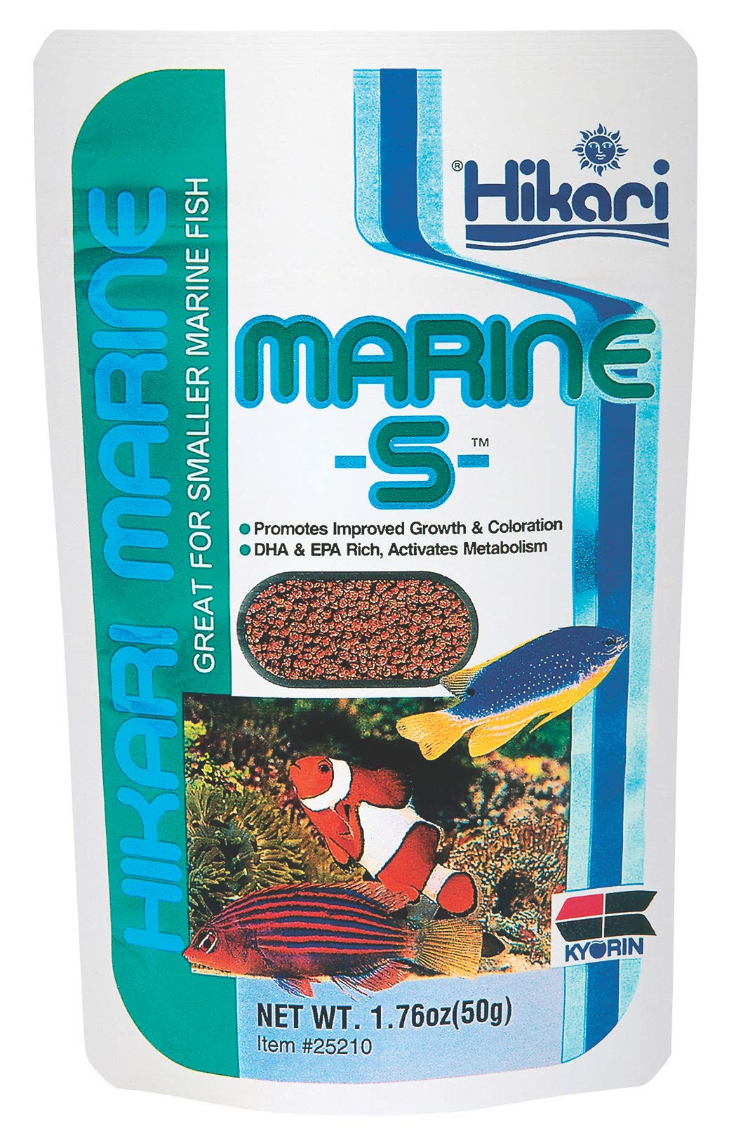 Hikari Marine-S pellets close-up show small, protein-rich bites for tiny reef fish.